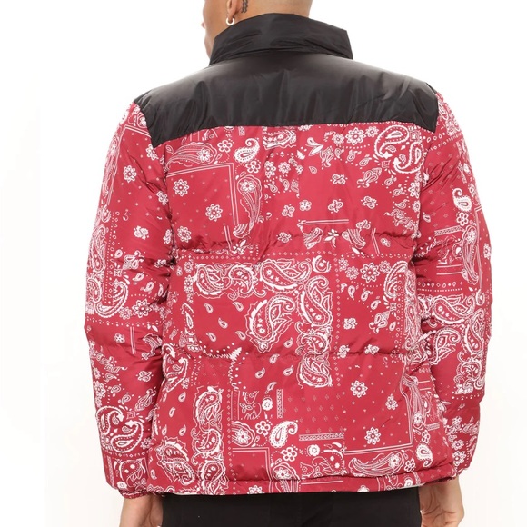 Red Paisley Bandana Print Puffer Jacket - Picture 3 of 3